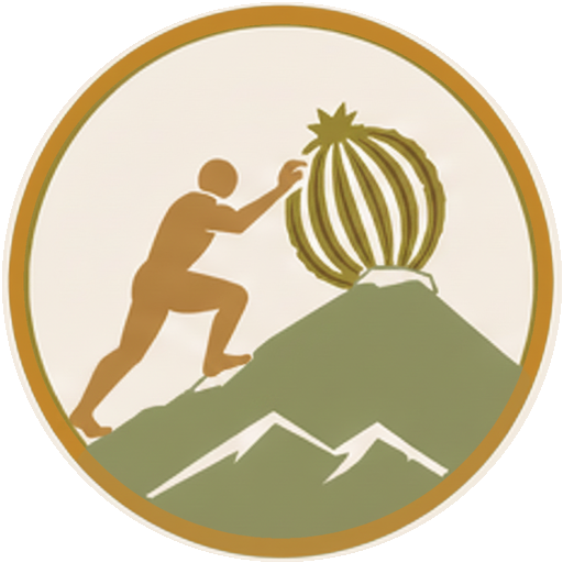 Emblema de Aventaria: una figura empuja una biznaga hasta coronar la cima de una montaña de la Sierra de la Laguna.